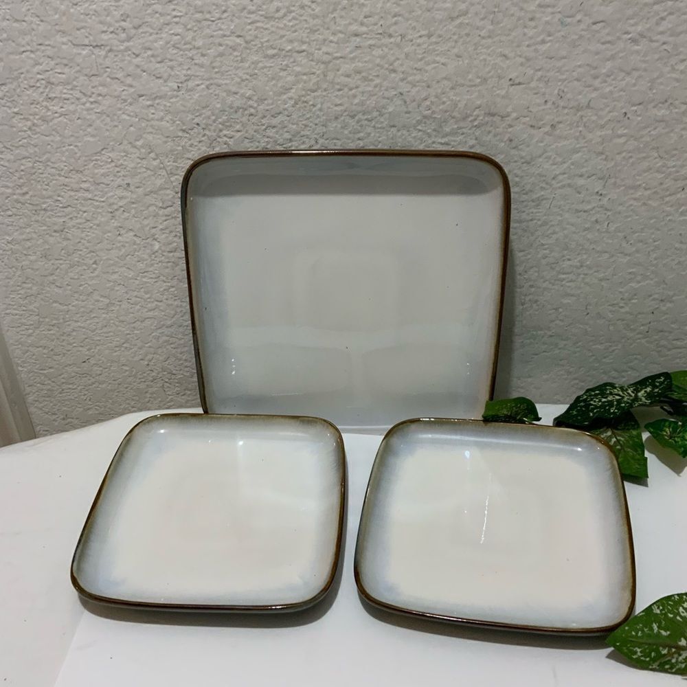 3 SANGO VISIONS EGGPLANT 4993 STONEWARE 10” SQUARE 1 DINNER PLATE 2 SALAD 7.5”G3